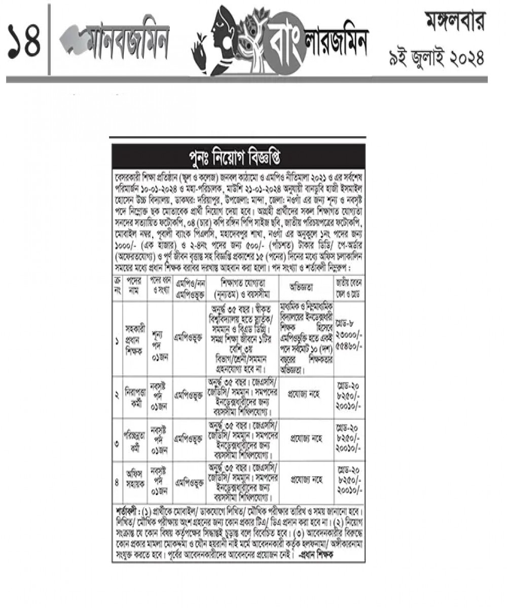 সহকারী প্রধান শিক্ষক পদ সহ বিভিন্নপদে কর্মচারী পুনঃনিয়োগ বিজ্ঞপ্তি প্রকাশ-০৯/০৭/২০২৪ মানবজমিন