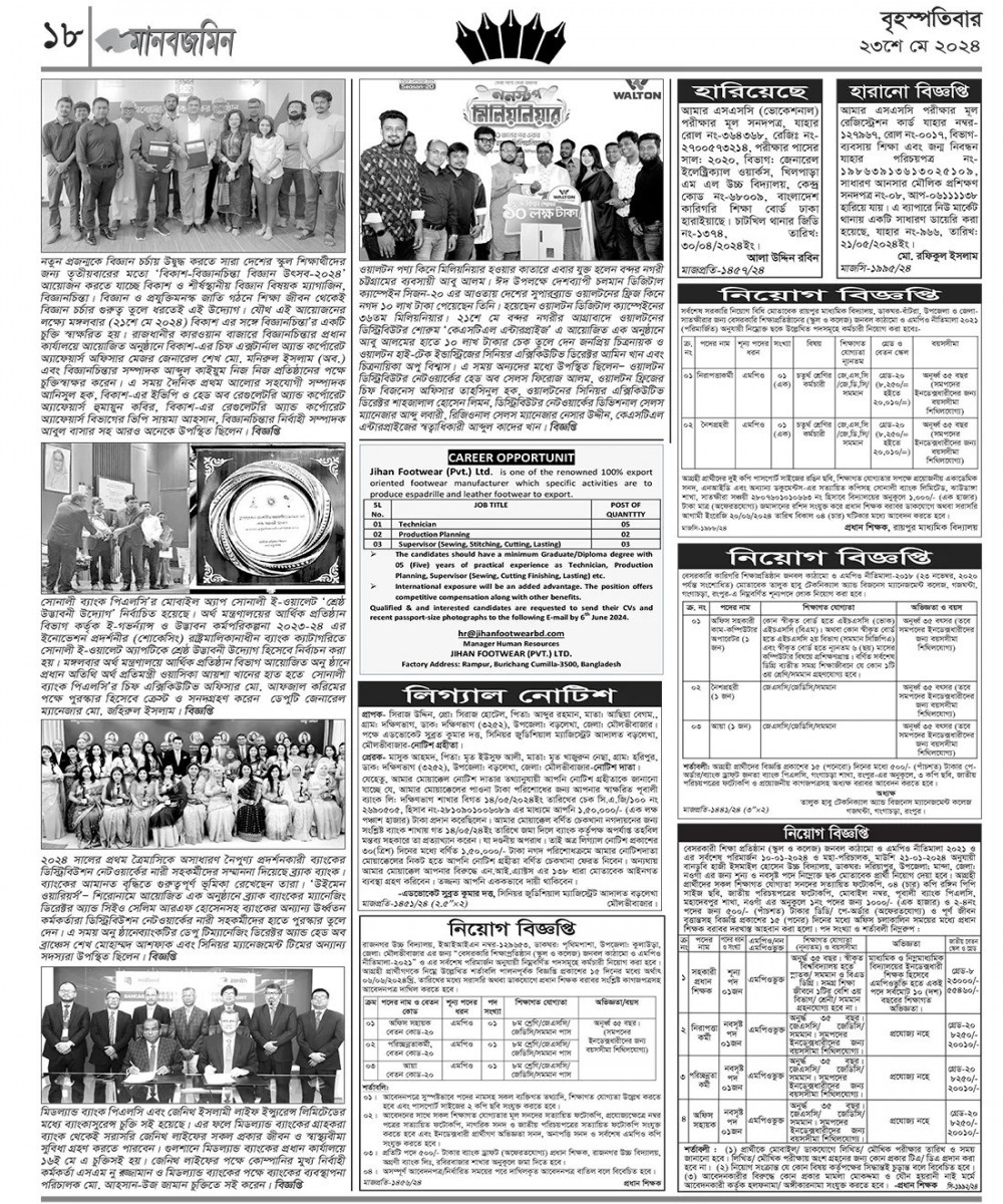 সহকারী প্রধান শিক্ষক পদসহ বিভিন্নপদে কর্মচারী নিয়োগ বিজ্ঞপ্তি প্রকাশ-২৩/০৫/২০২৪ মানজমিন